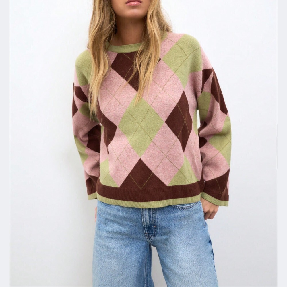Pink Green Brown Argyle Knit Crew Neck Oversized Sweater